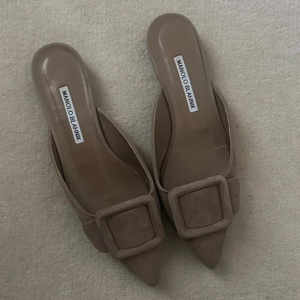 Manolo Blahnik Taupe Suede Pointed Mule with Buckle - Picture 1 of 5